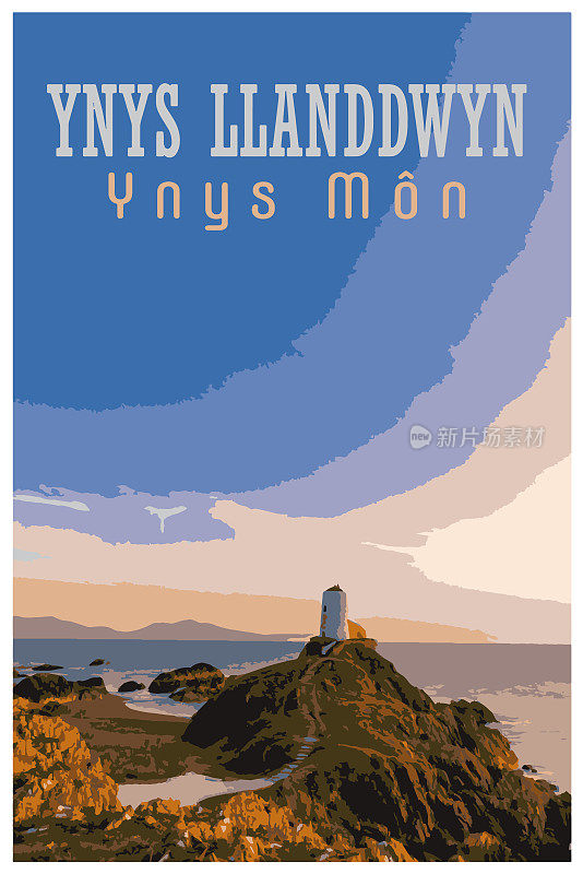 WPA灵感的复古旅行海报Ynys Llanddwyn, Ynys Mon。